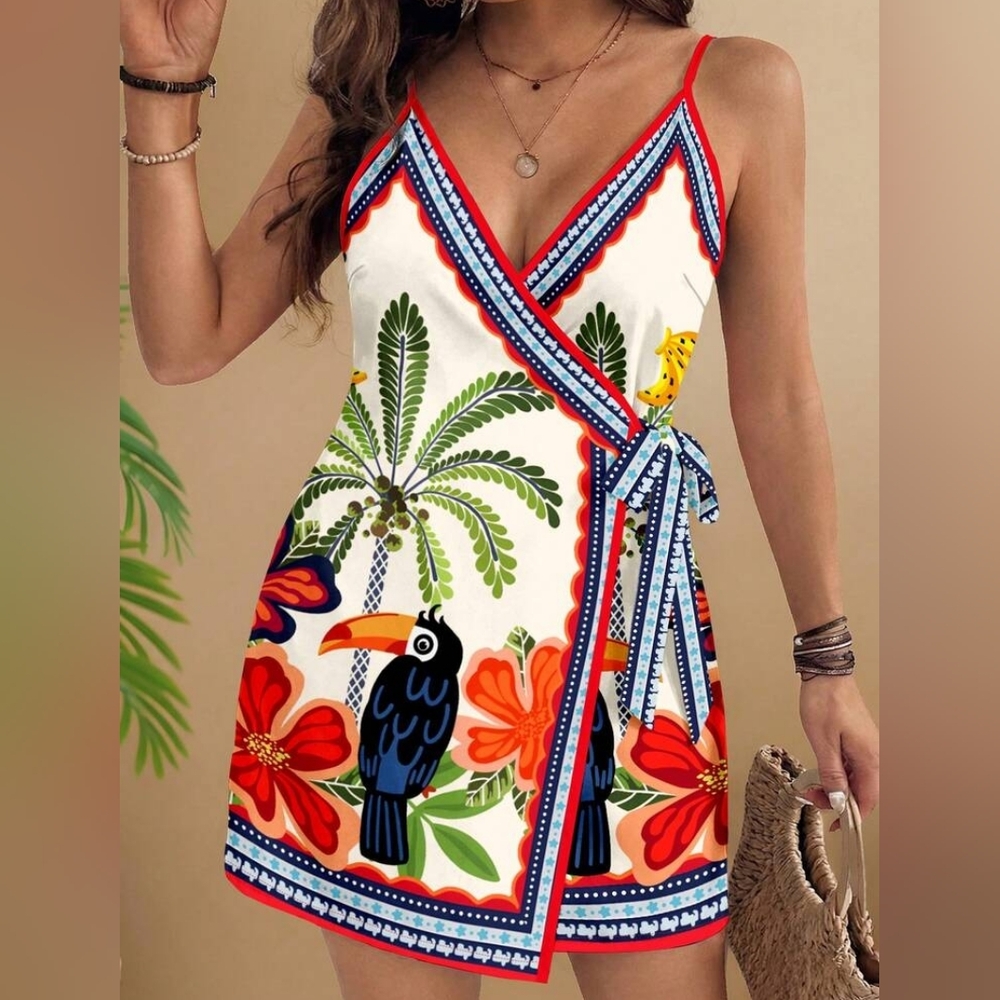 SHEIN White Tropical Print Mini Dress with Blue Trim and Orange Floral Accents